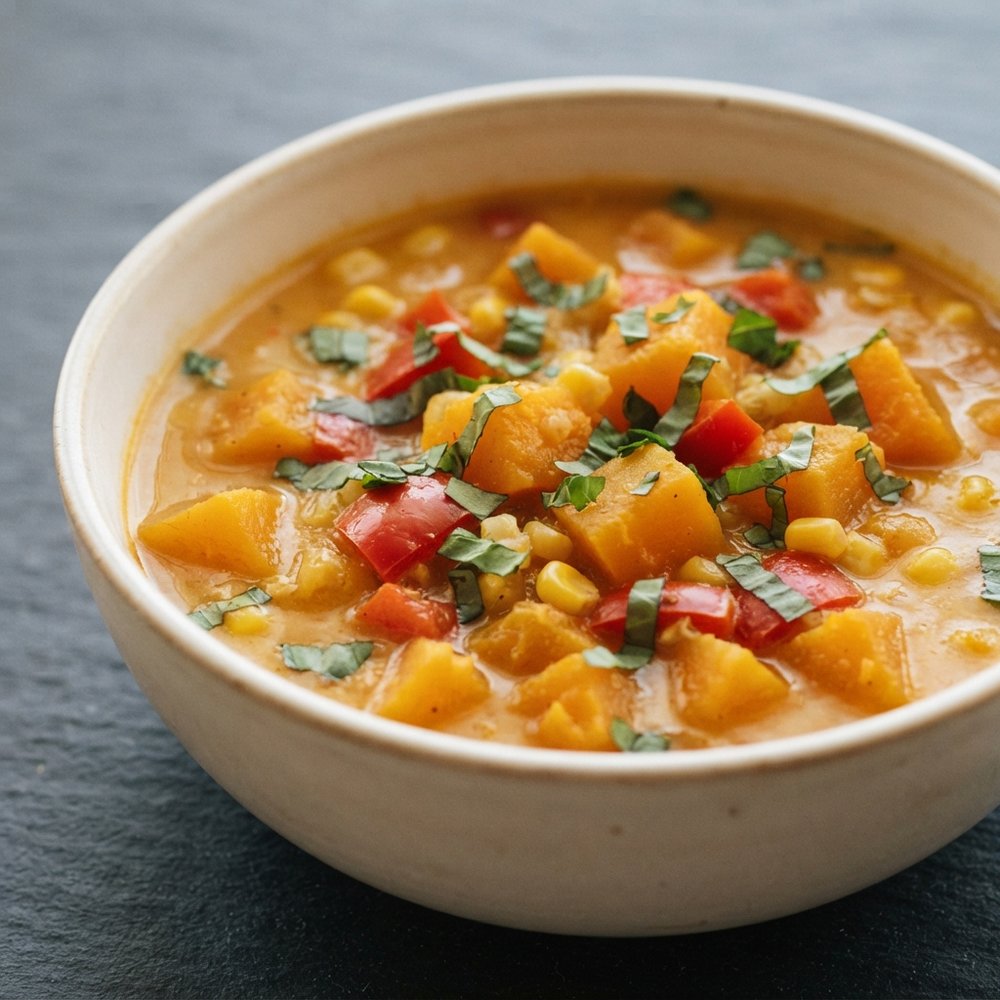 Coconut Pumpkin Soup (Vegan) with Red Curry and Basil