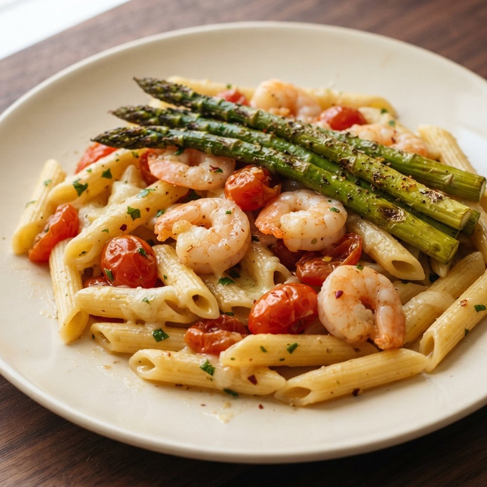 Tomato Shrimp Scampi with Penne and Roasted Asparagus