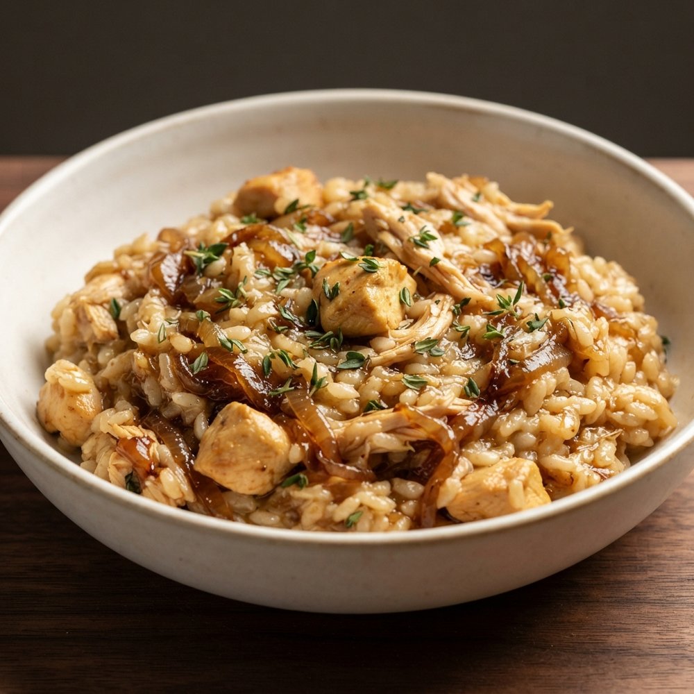 Chicken Risotto with Balsamic-Caramelized Onions
