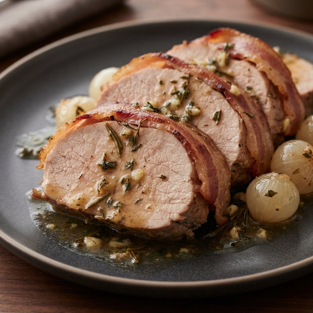 Bacon-Wrapped Pork Loin with Garlic and Herbs