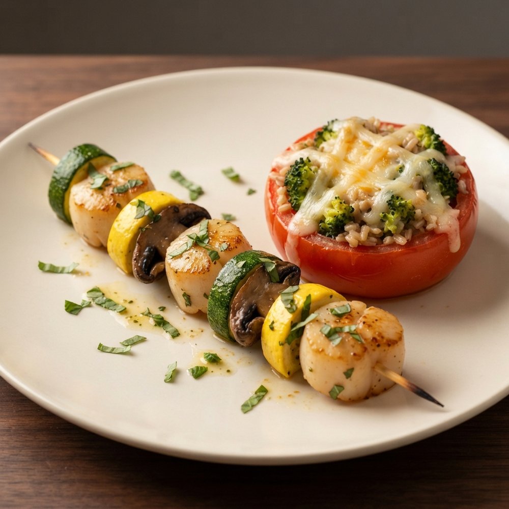 Mamita's Mojito Scallop Skewers with Broccoli-Rice Stuffed Tomatoes