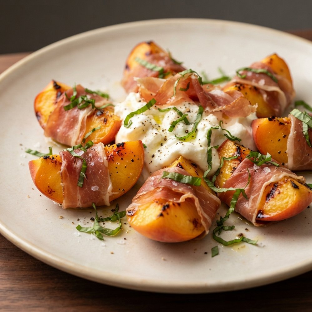 Prosciutto-Wrapped Grilled Peaches with Burrata and Basil