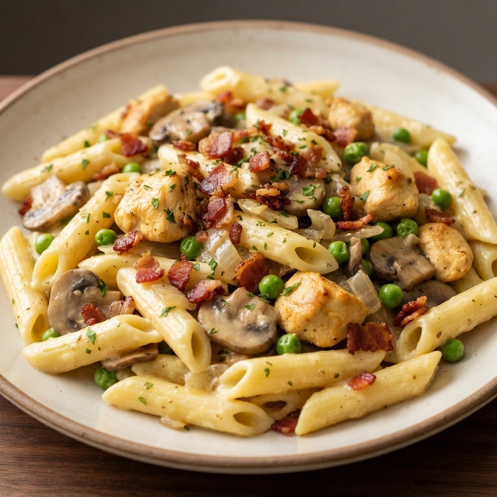 Chicken and Bacon Almost-Carbonara Penne