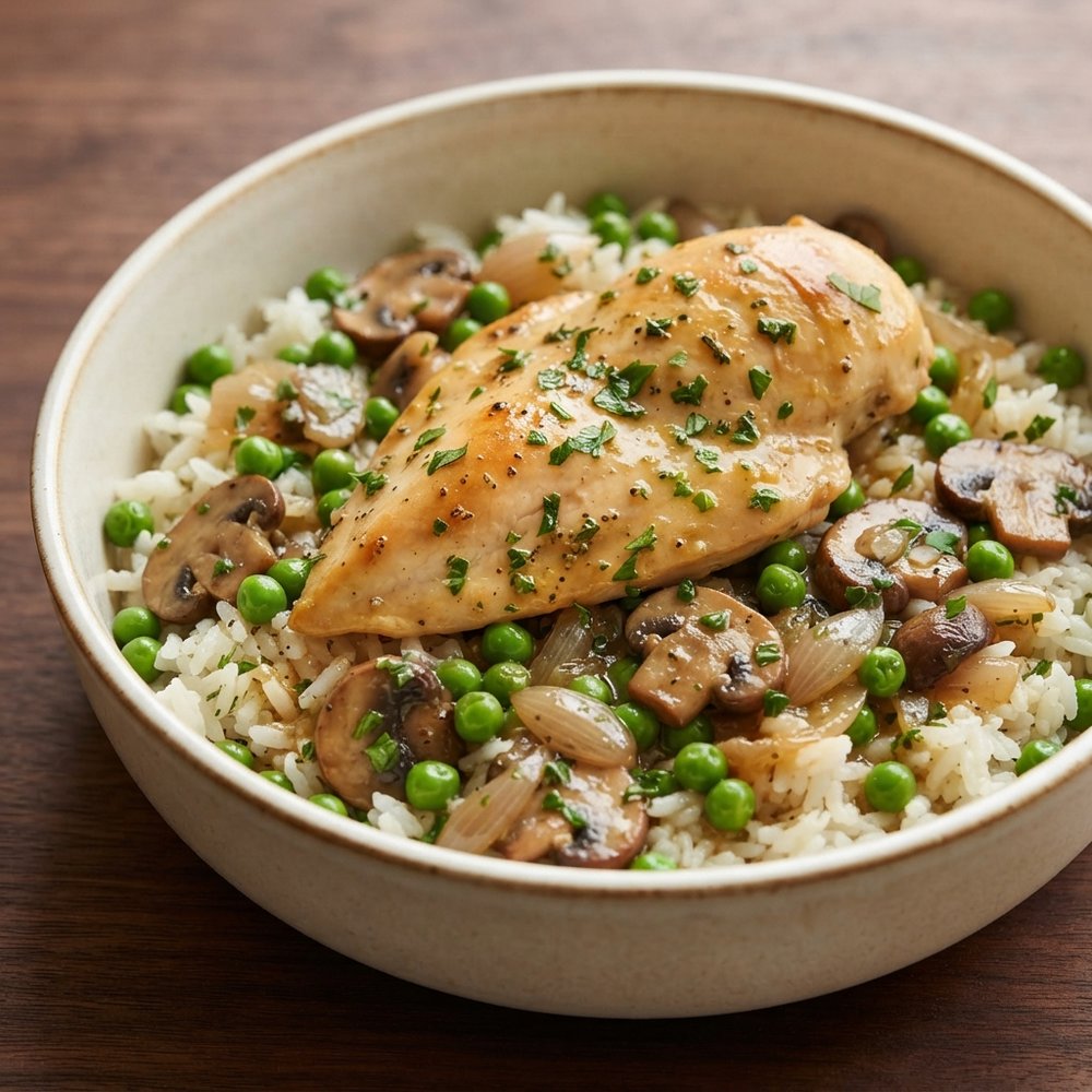 Skillet Chicken with Rice and Peas