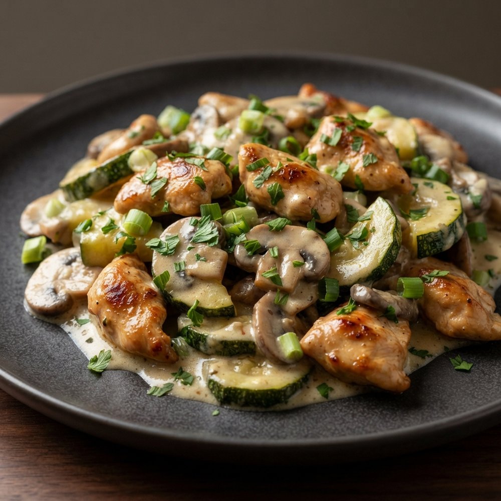 Weeknight Chicken with Mushrooms and Zucchini in Creamy Sauce