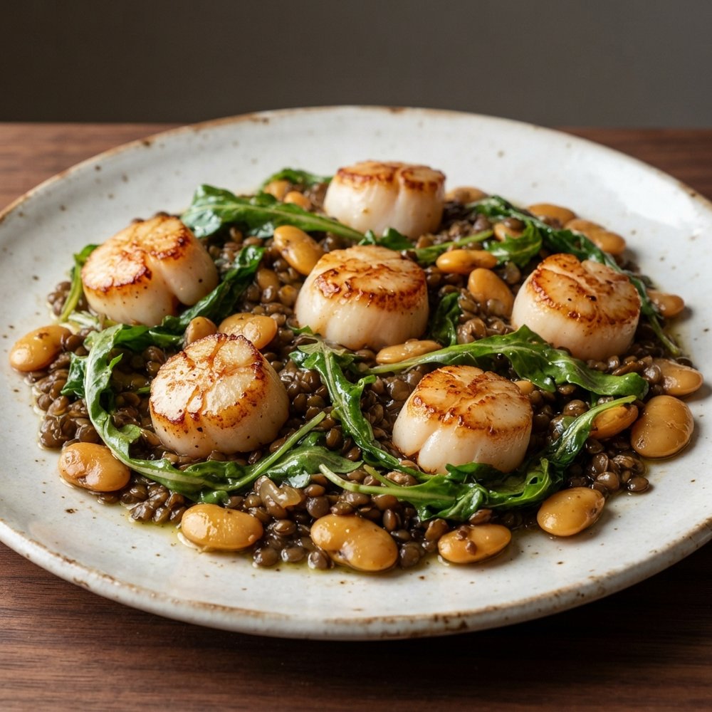 Seared Scallops with Arugula, Lentils, and Butter Beans