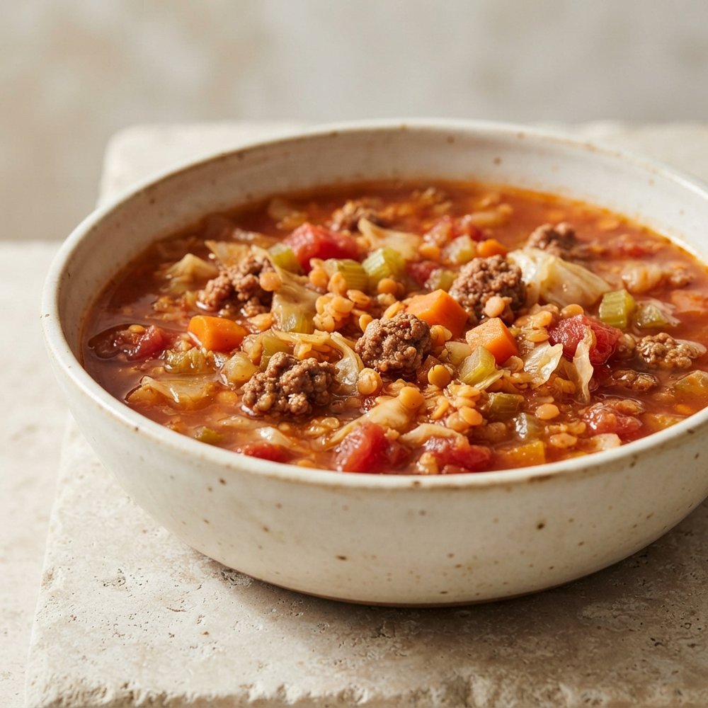 Rustic Beef, Lentil, and Cabbage Soup