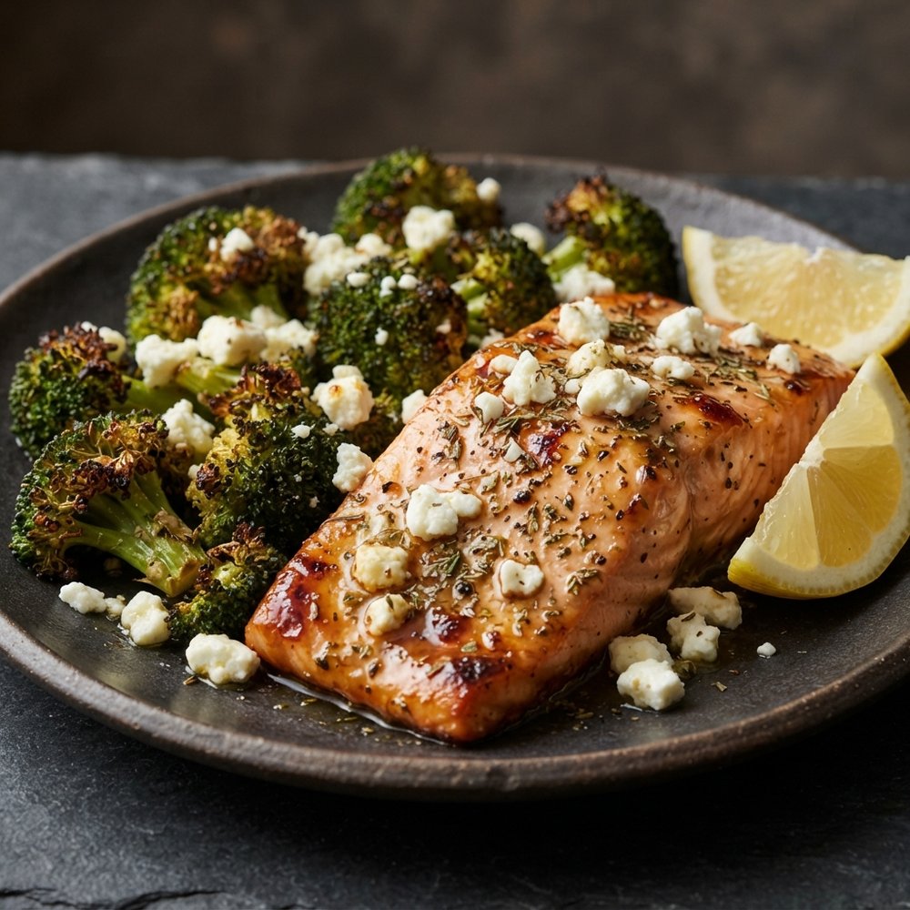 Easy Sheet Pan Roasted Greek Salmon and Broccoli