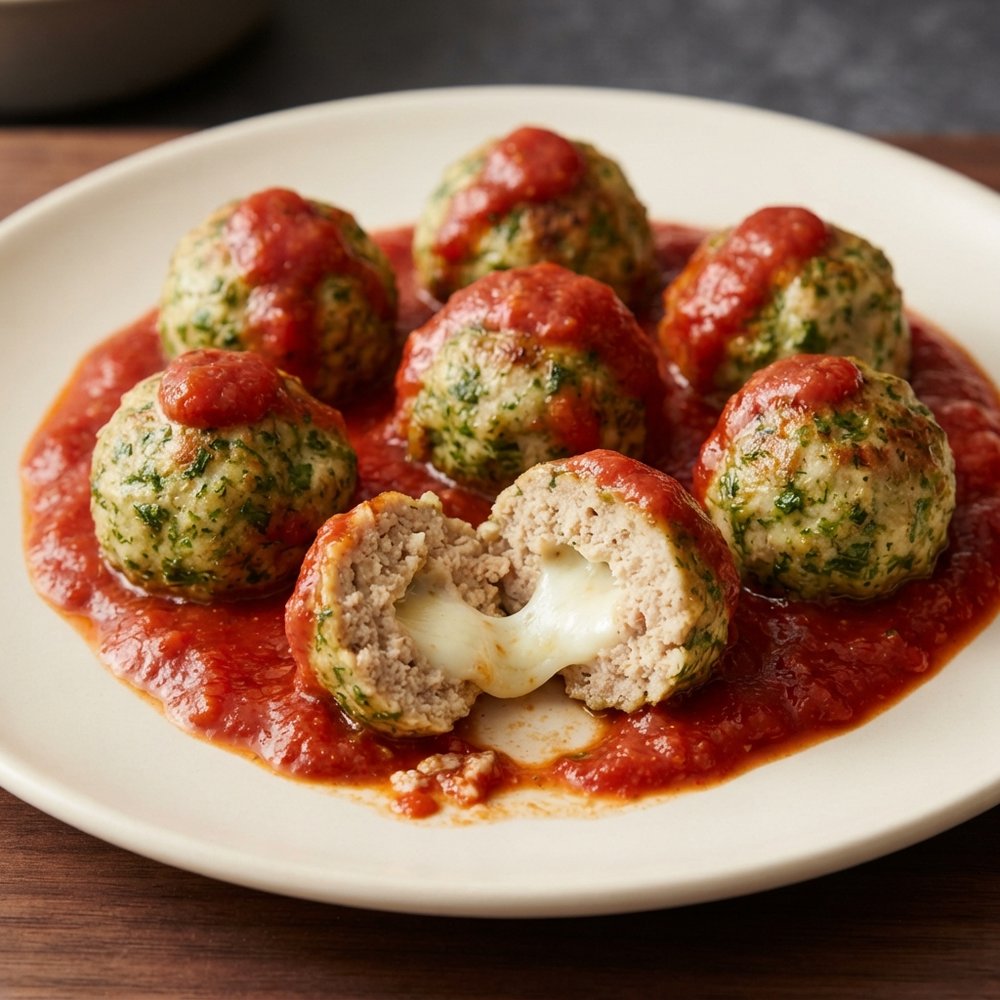 Pesto Turkey Meatballs with Gooey Mozzarella Centers