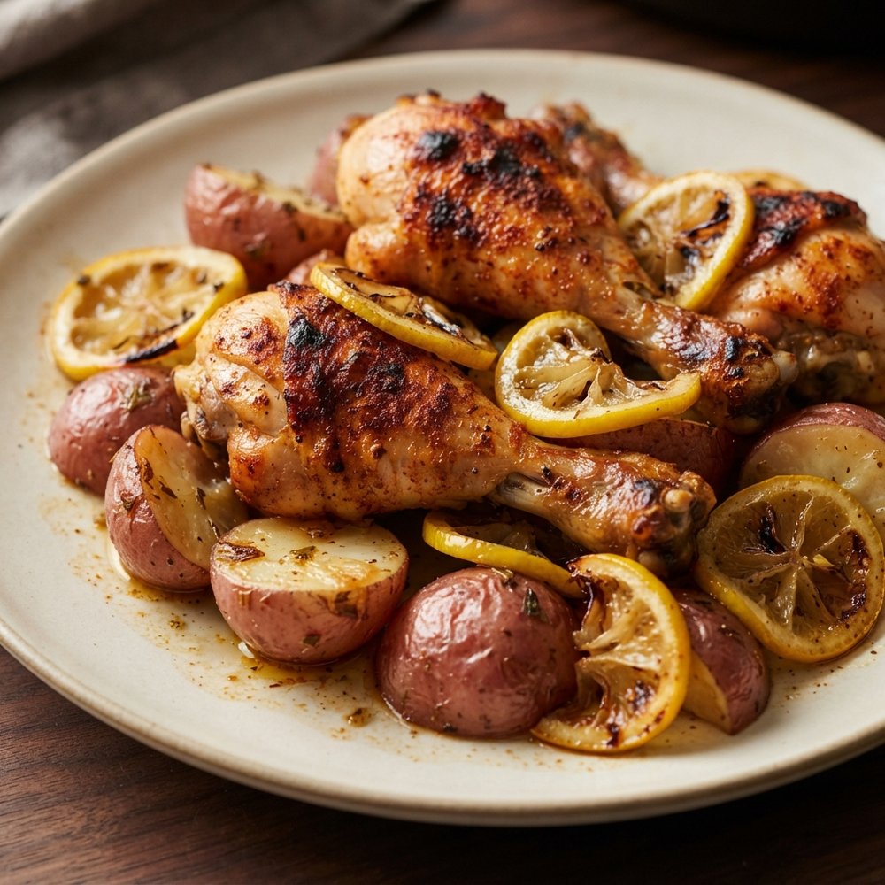 Skillet-Roasted Lemon-Spanish Chicken Drumsticks with Potatoes