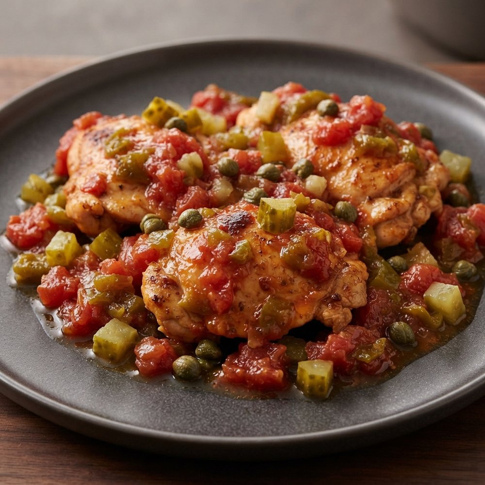 Creole Chicken Piquant Skillet with Tomatoes, Capers, and Pickles