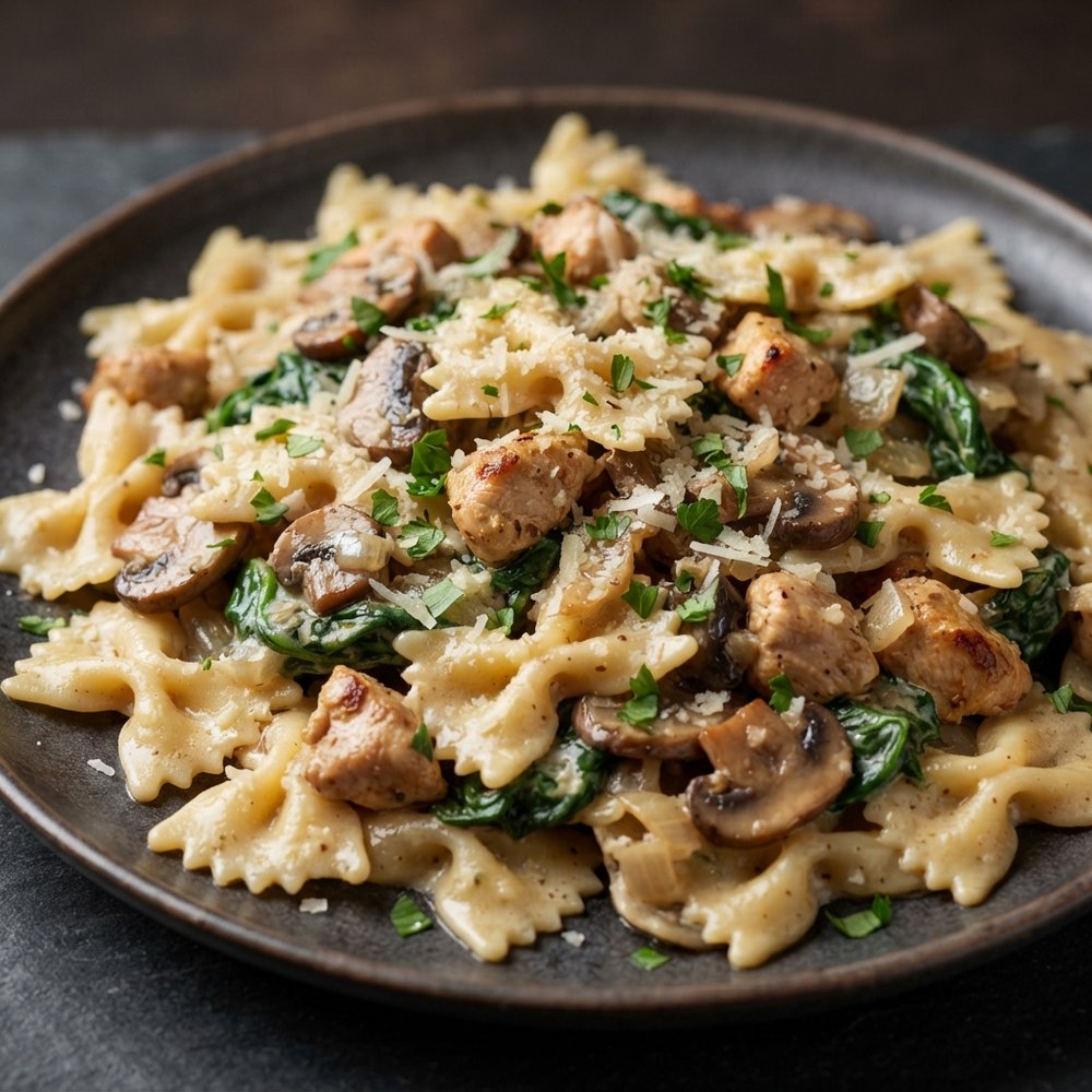 Chicken, Mushroom & Spinach Farfalle in Creamy Dijon Sauce