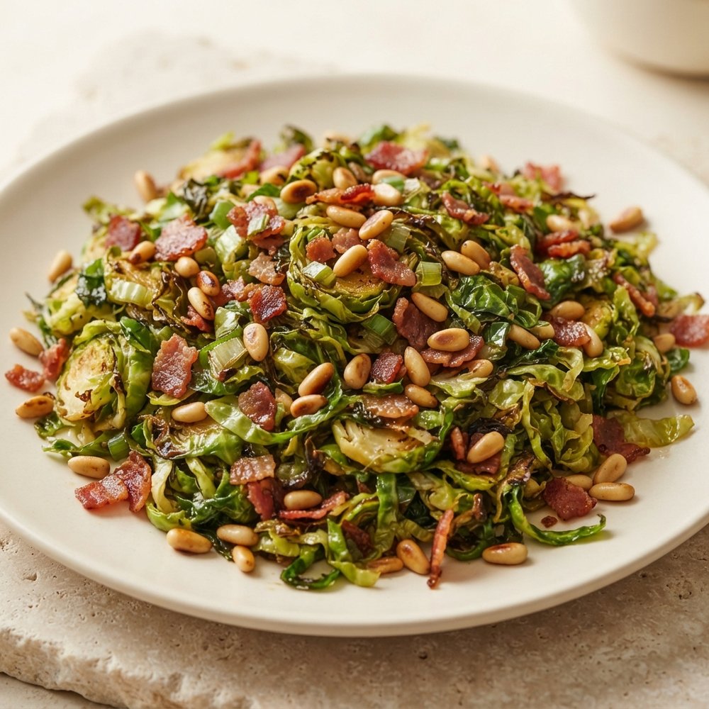 Crispy Bacon Brussels Sprouts with Pine Nuts