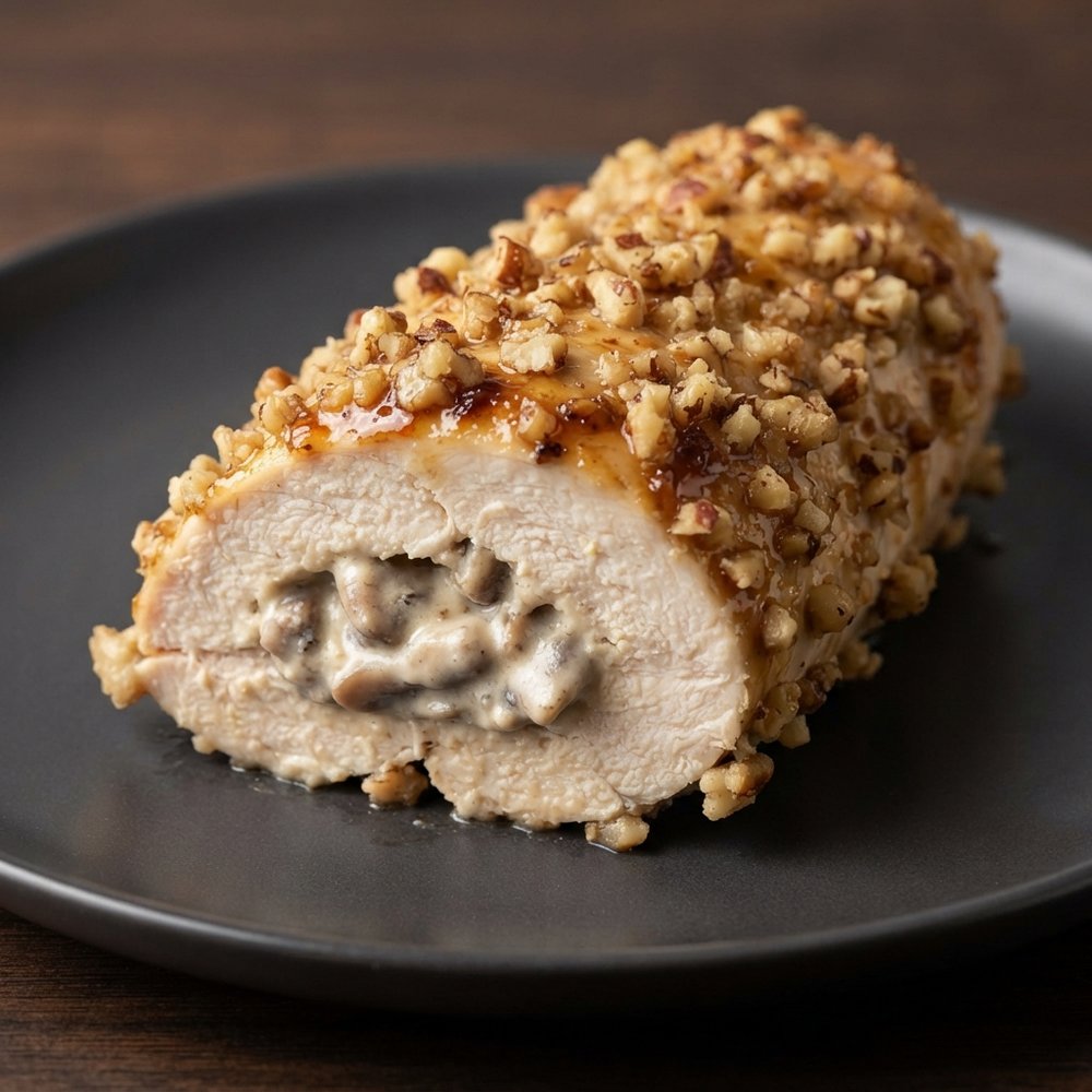 Creamy Mushroom–Stuffed Chicken with Dijon Walnut Crust