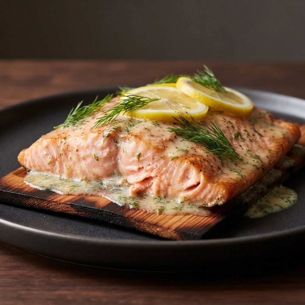 Cedar Plank Smoked Salmon with Garlic-Dill Butter