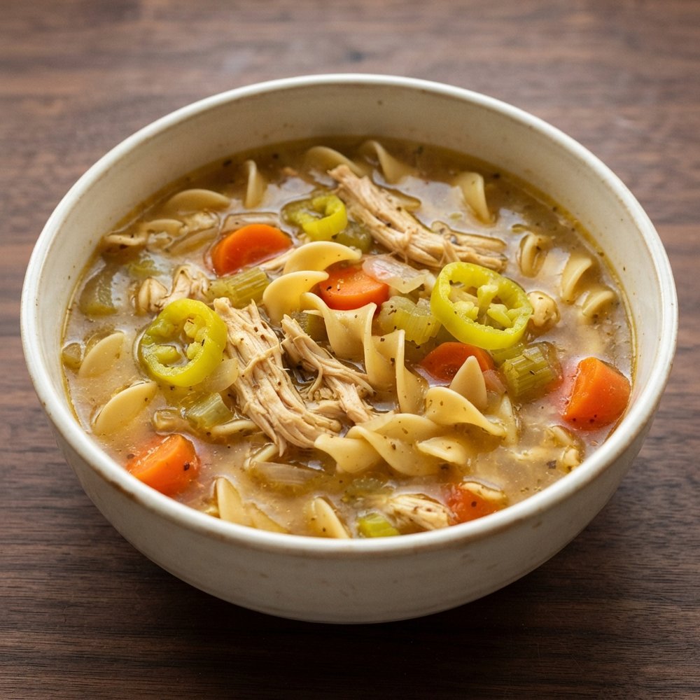 Slow Cooker Mississippi Chicken Noodle Soup