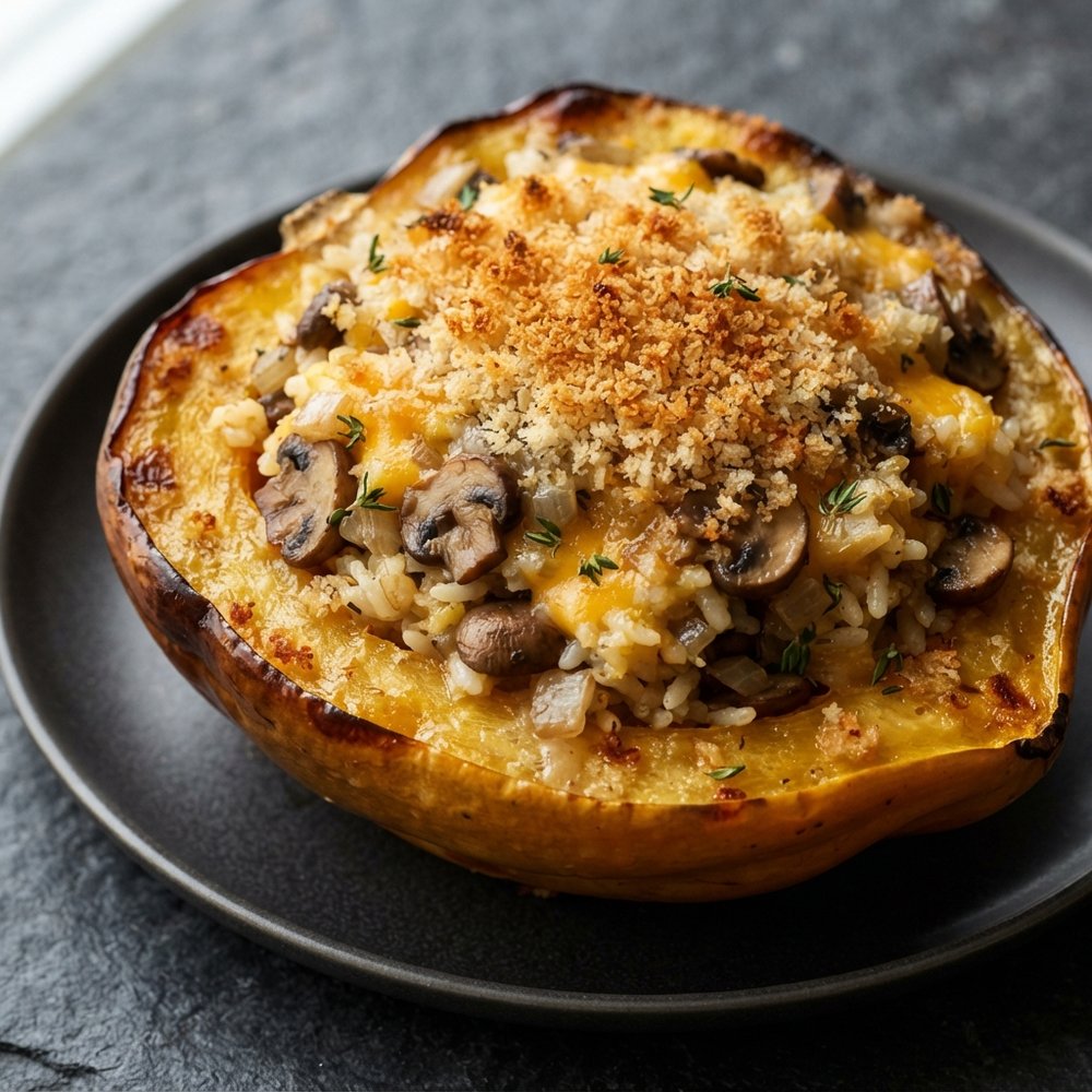 Acorn Squash Stuffed with Cheesy Mushroom Rice