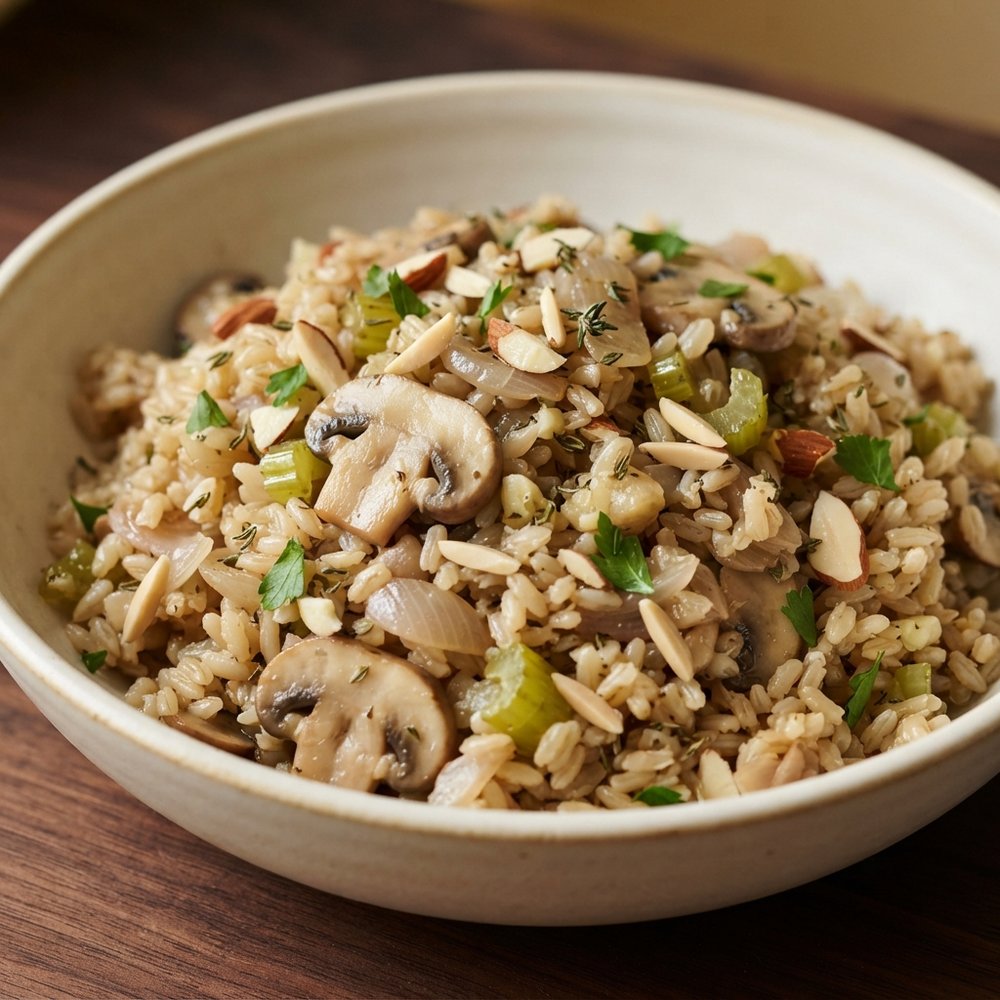 Leftover Brown Rice and Mushroom Pilaf