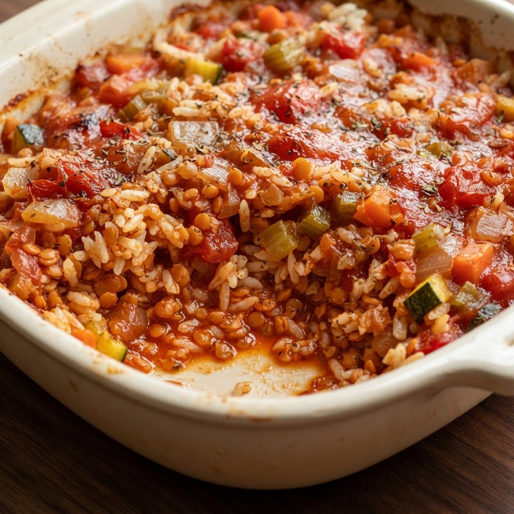 Baked Lentils, Rice, and Garden Veg Casserole