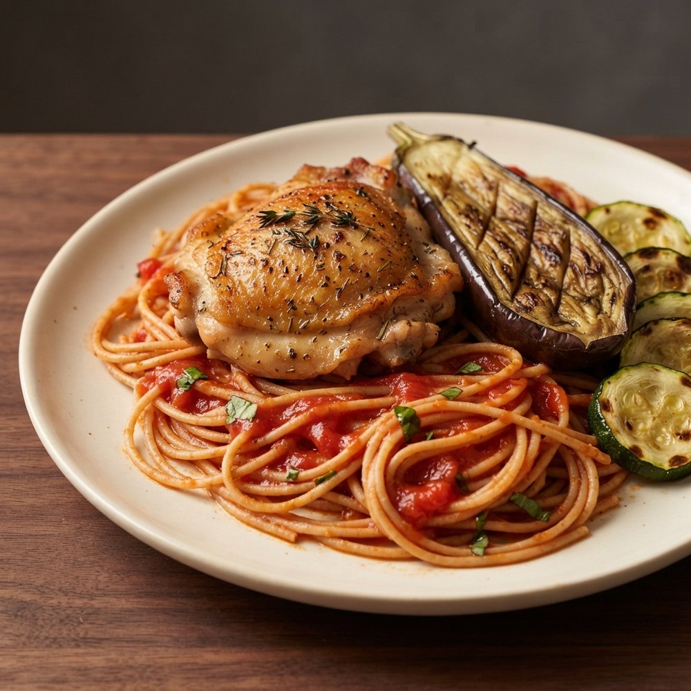 Oven-Roasted Chicken Thighs with Mediterranean Vegetables and Pasta