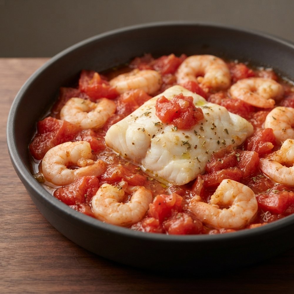 Fresh Tomato Skillet with Alaskan Cod and Shrimp