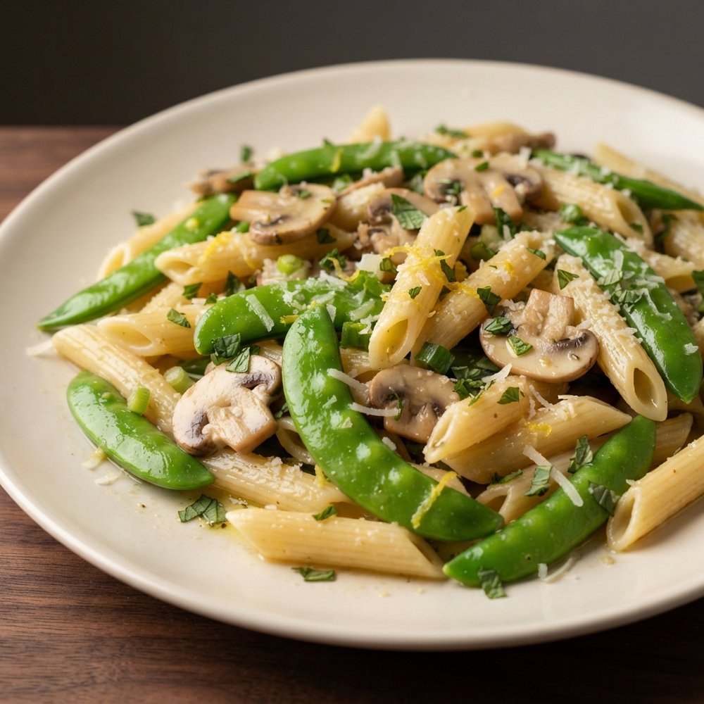 Penne with Sugar Snap Peas, Parmesan, and Mushrooms