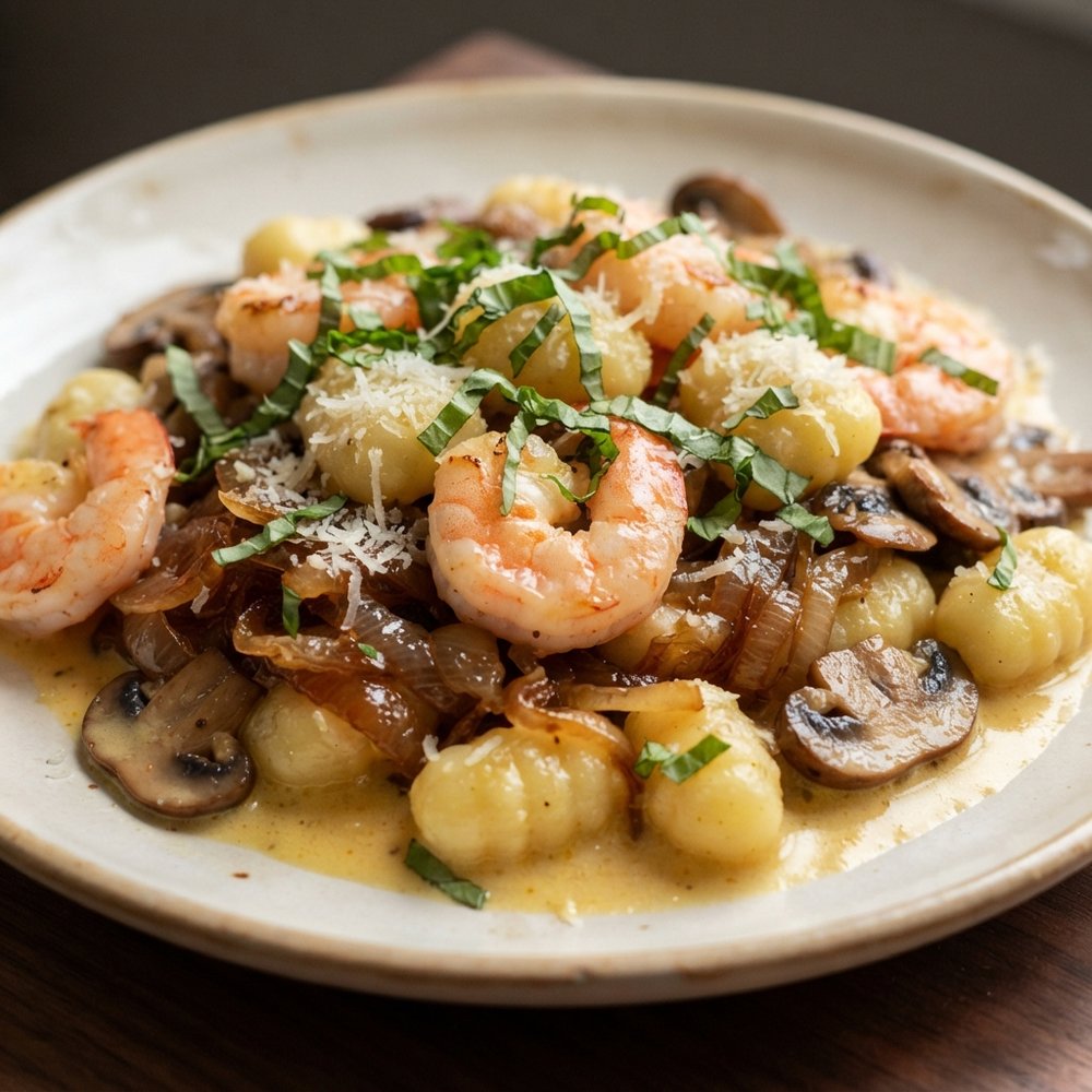 Saffron Cream Shrimp with Gnocchi and Caramelized Onions