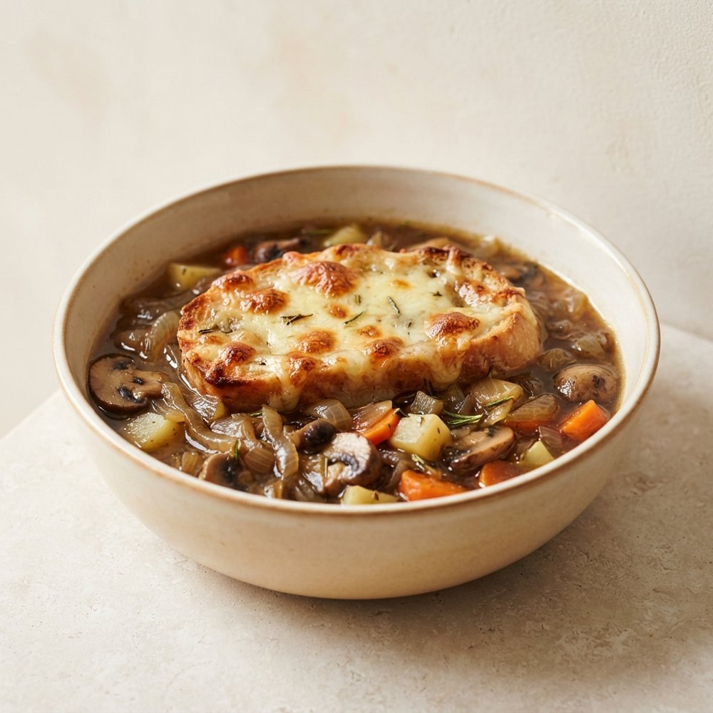 Stout-Braised Vegetarian French Onion Soup