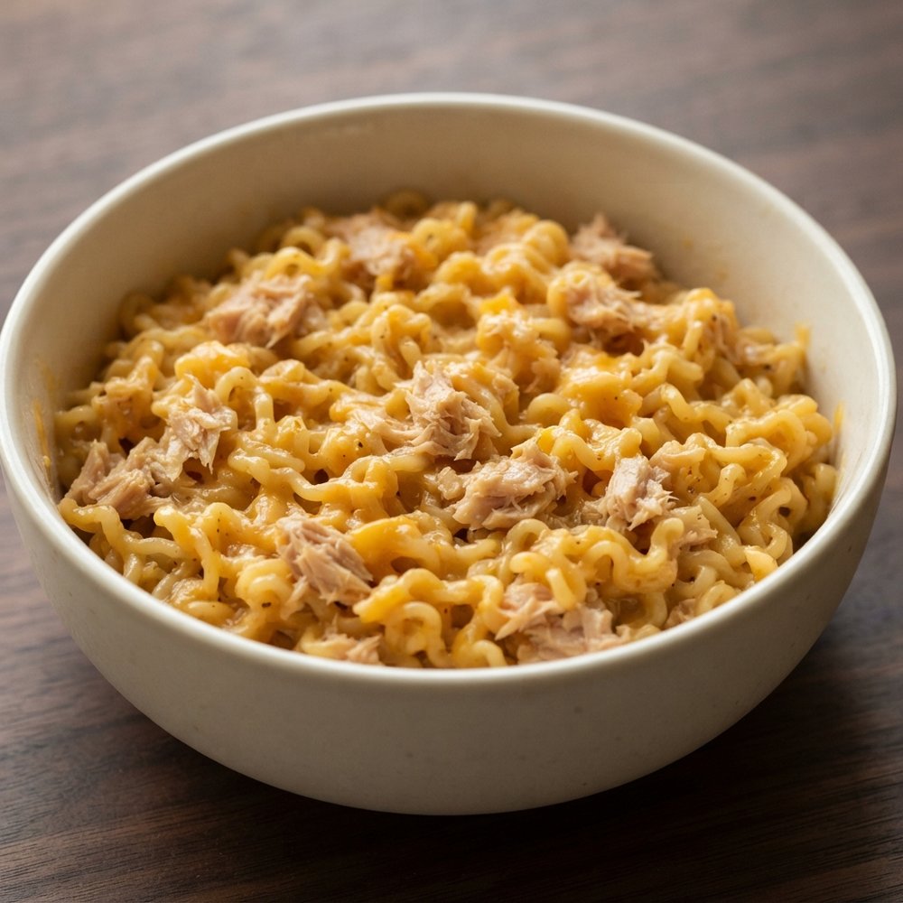 Dorm Room Cheesy Tuna Ramen Noodles