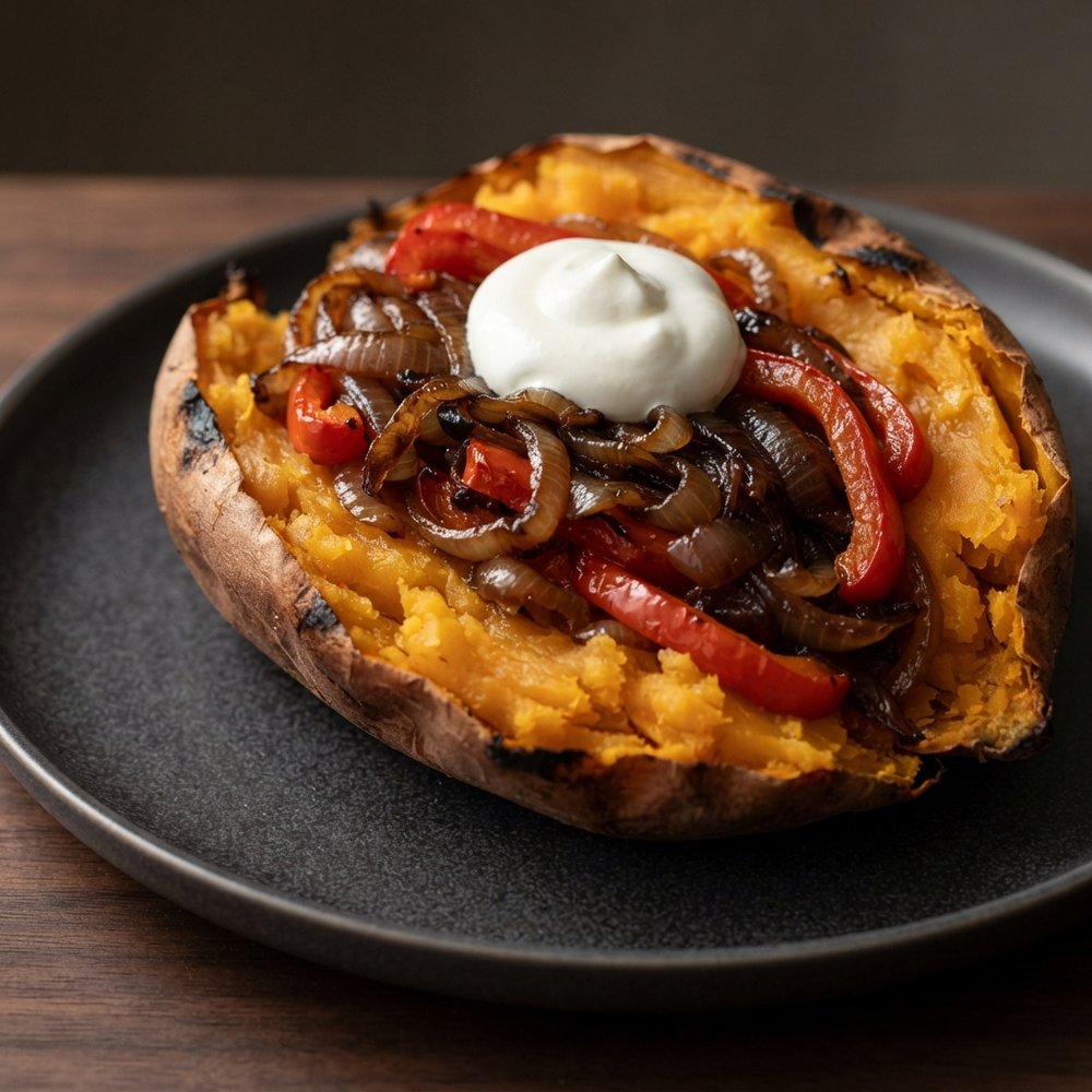 Baked Sweet Potatoes with Caramelized Onions and Peppers