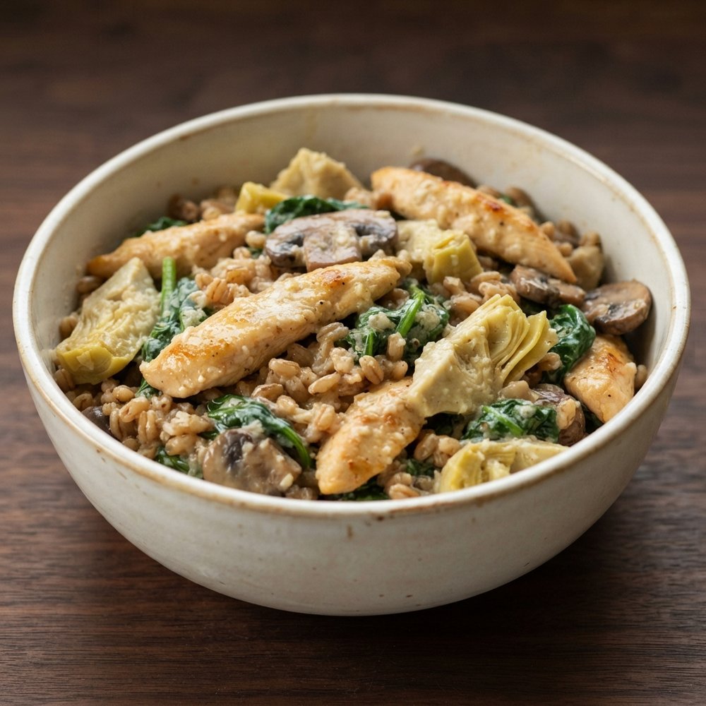 Chicken, Mushroom, and Farro Bowls with Creamy Spinach–Artichoke