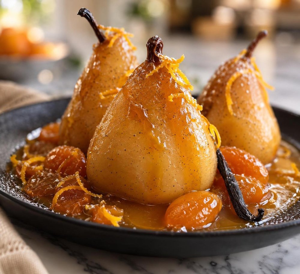 Vanilla-Poached Bosc Pears with Apricot Rum Sauce