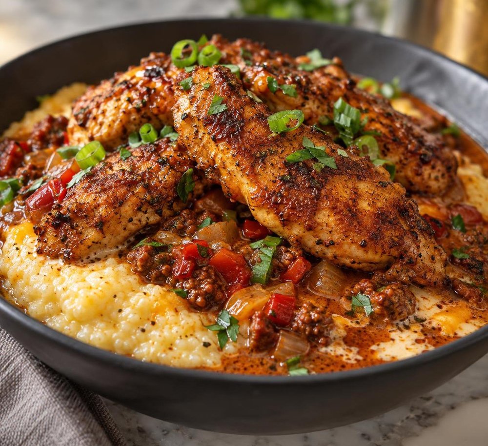 Baked Spicy Chicken Strips with Cheese Grits and Chorizo Pan Sauce