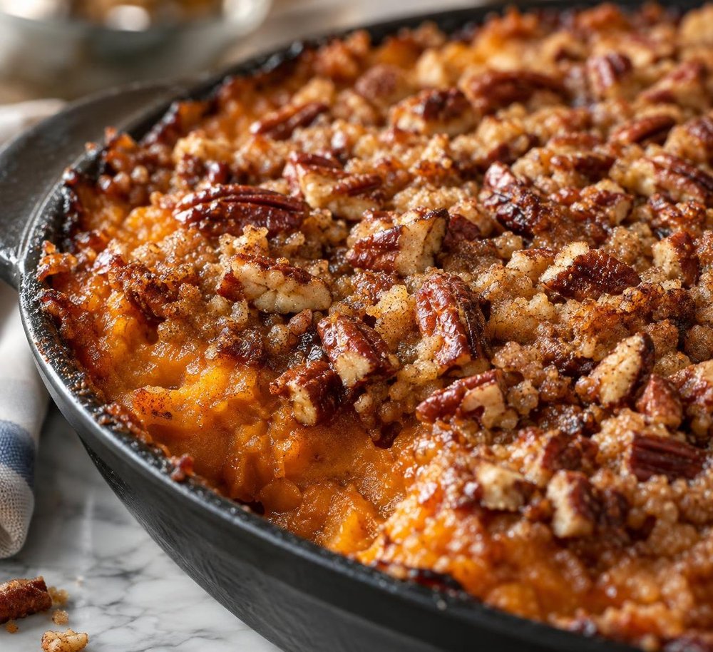 Candied Sweet Potato Bake with Pecan Crumble