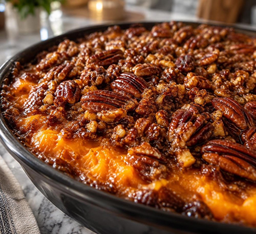Whiskey-Kissed Sweet Potato Casserole with Candied Pecans