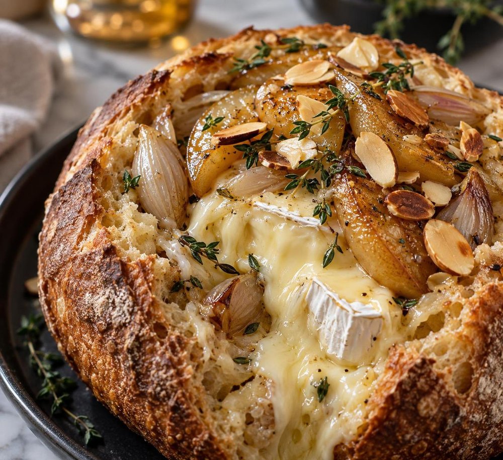 Brie Baked in Sourdough with Caramelized Pears, Shallots, and Thyme