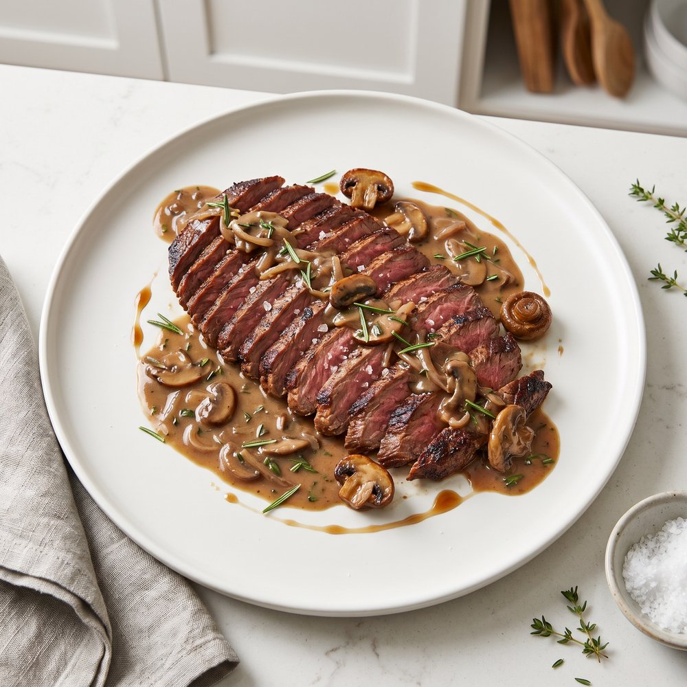 Flank Steak with Rosemary Mushroom Pan Sauce
