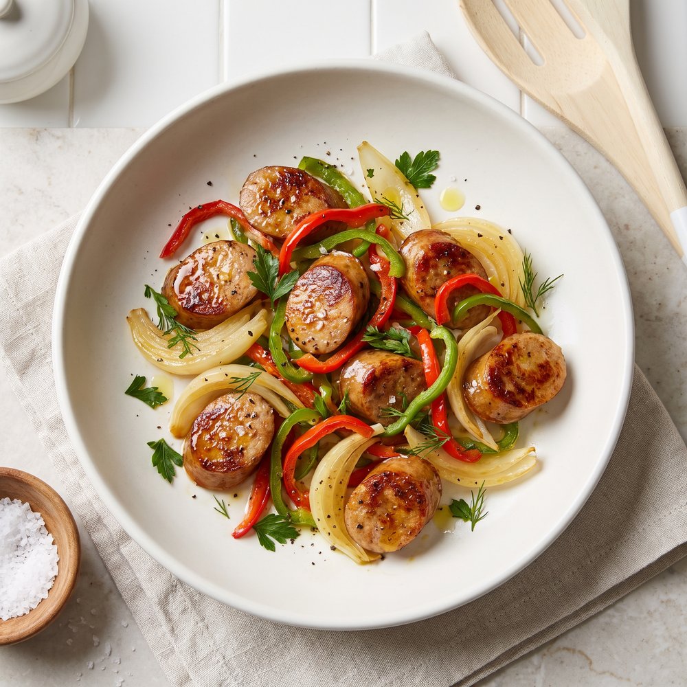 Air-Fried Beyond Brats with Onions and Peppers