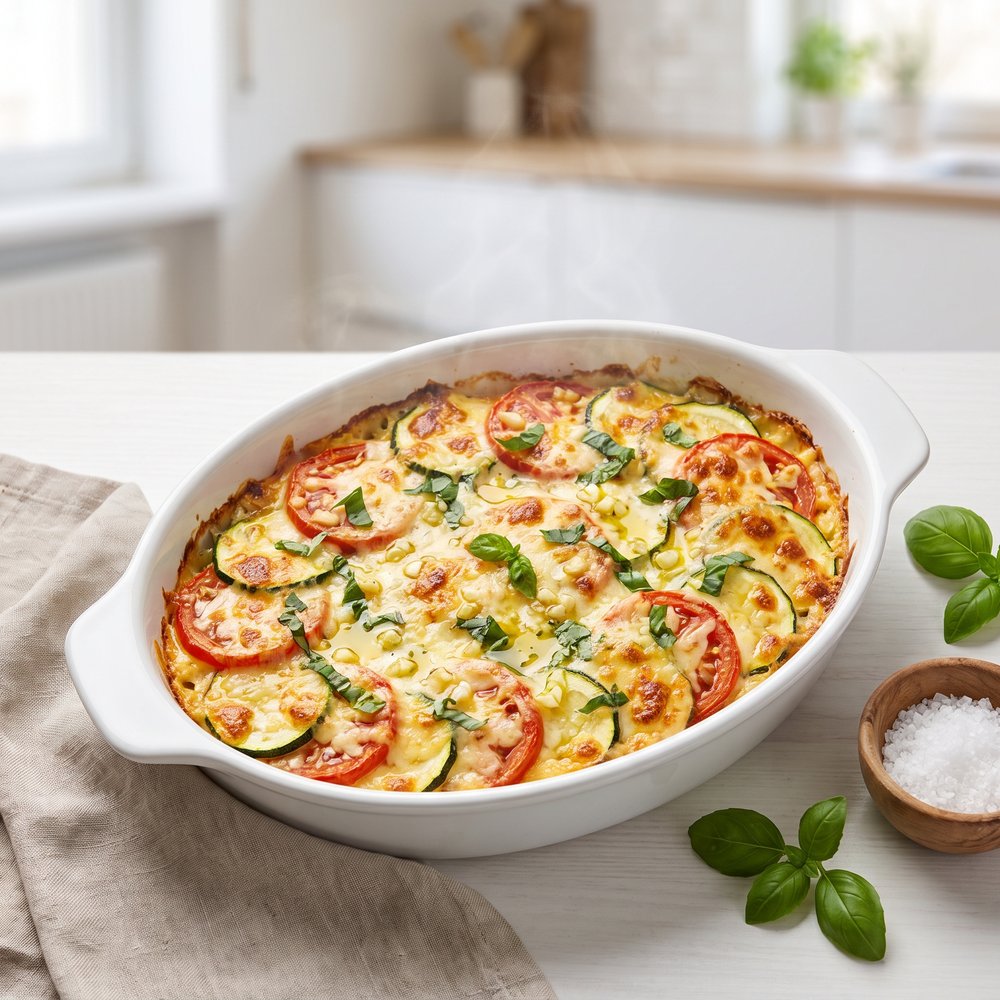 Baked Zucchini and Tomato Gratin with Mozzarella