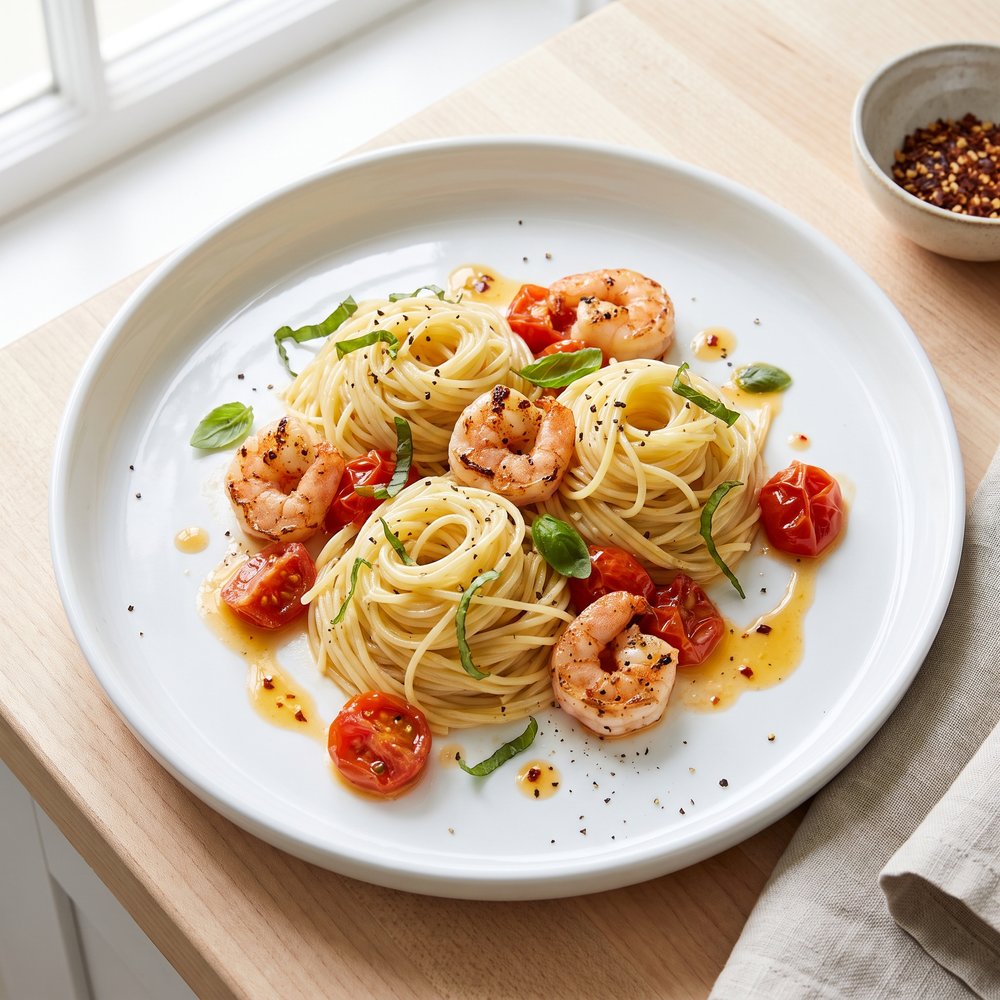 Tomato & Basil Shrimp in Garlic Butter Sauce