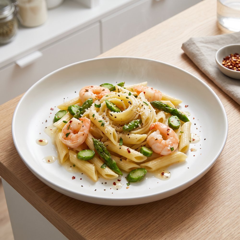 Penne with Shrimp and Asparagus in Lemon-White Wine Sauce