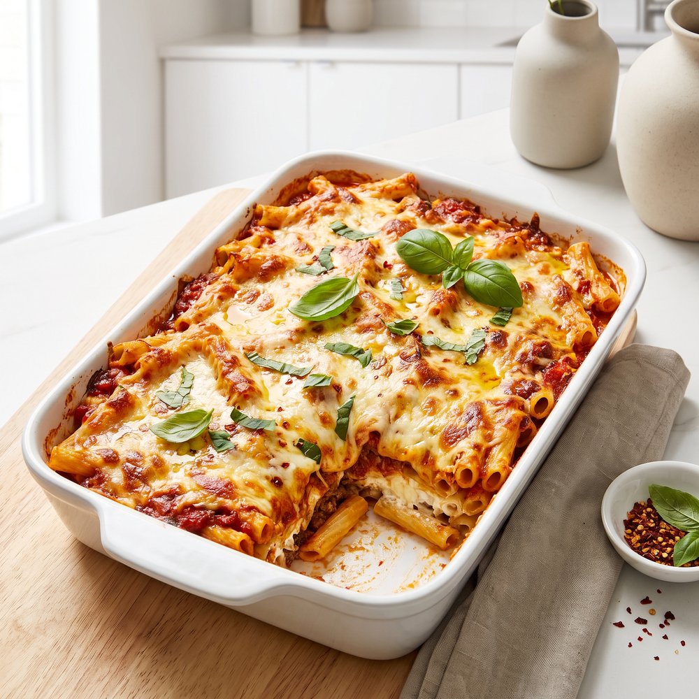 Cheesy Beef Baked Ziti Casserole