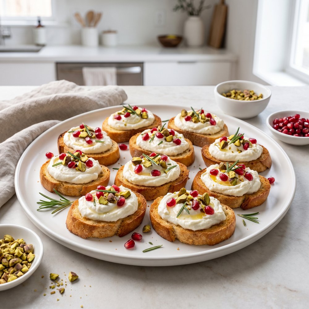 Pistachio and Pomegranate Crostini Bites