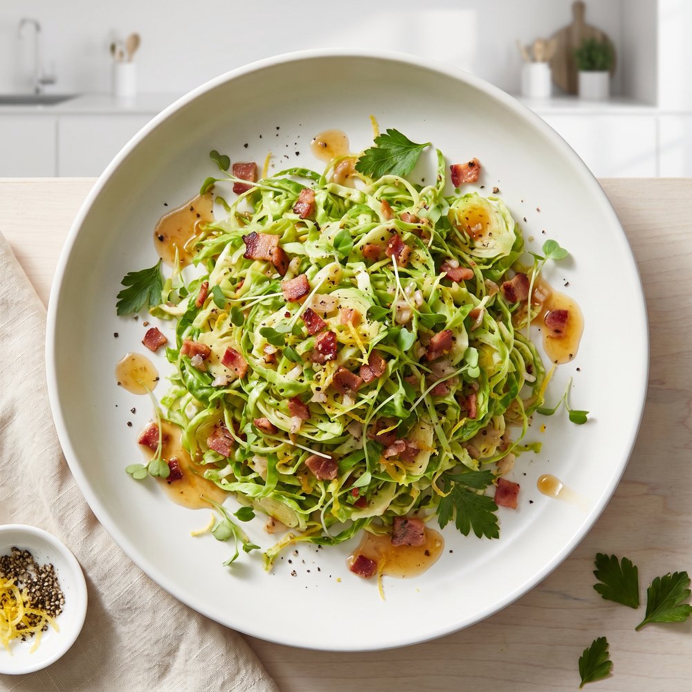 Shredded Brussels Sprouts with Warm Bacon Vinaigrette