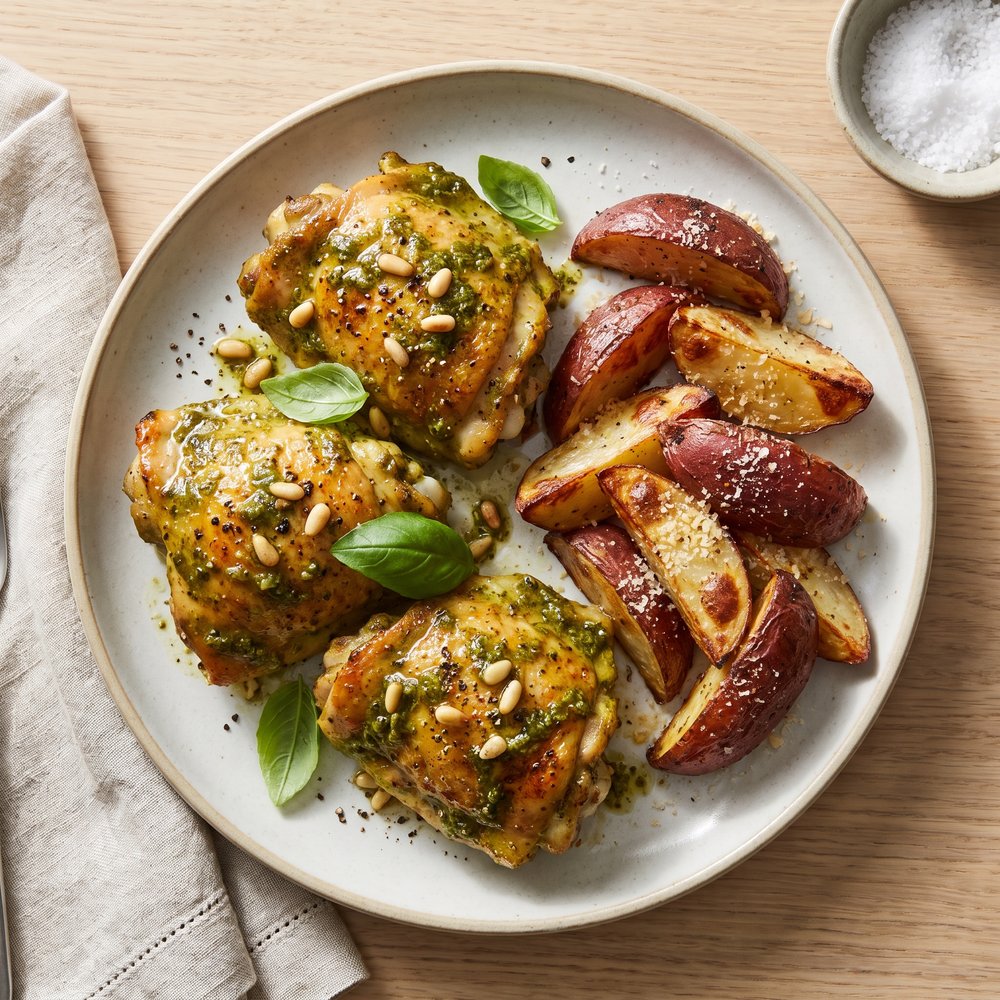 Baked Pesto Chicken Thighs and Potatoes
