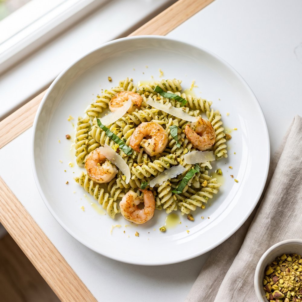Shrimp Pasta with Basil–Pistachio Pesto (2750 kcal OMAD)