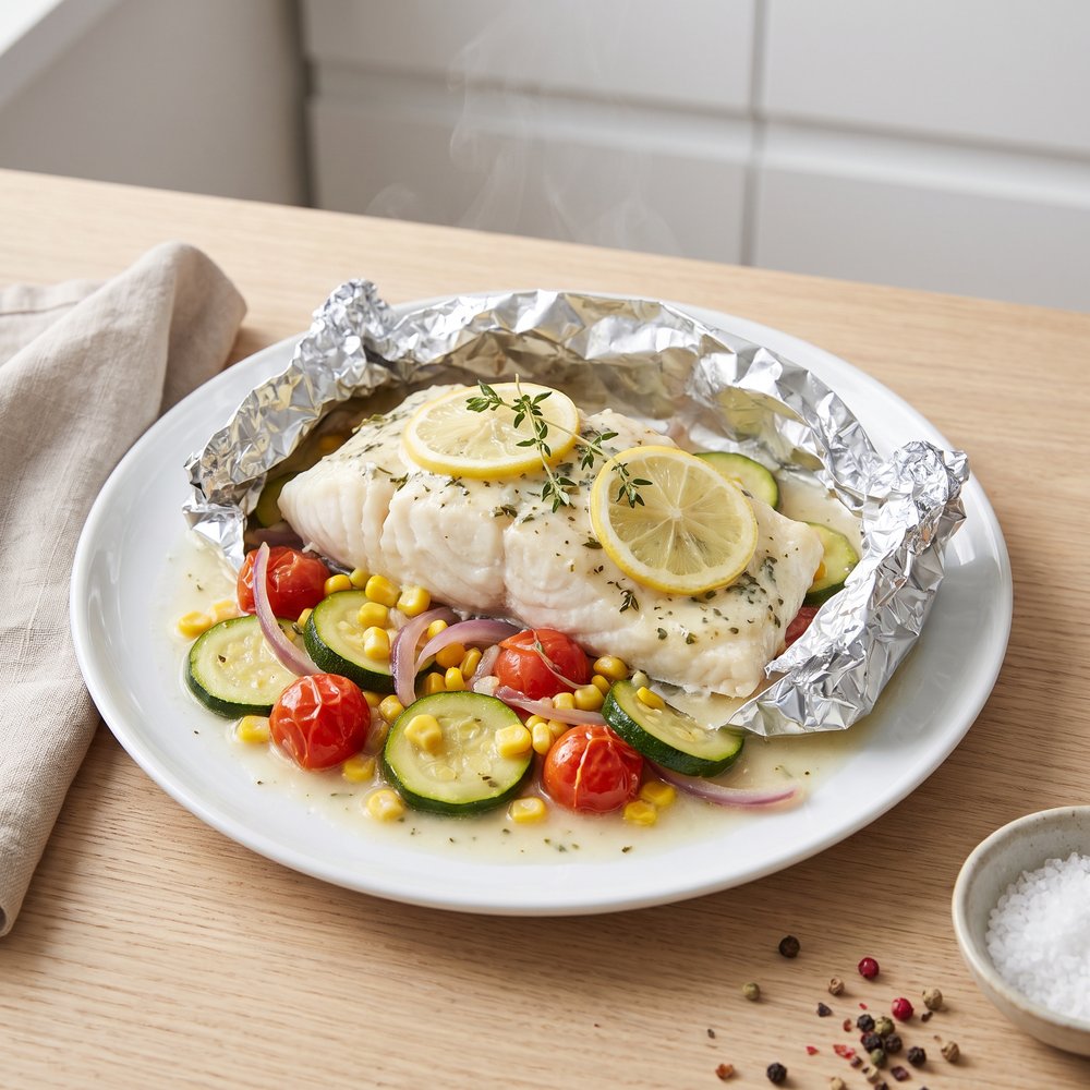 Halibut and Veggie Foil Packets on the Grill