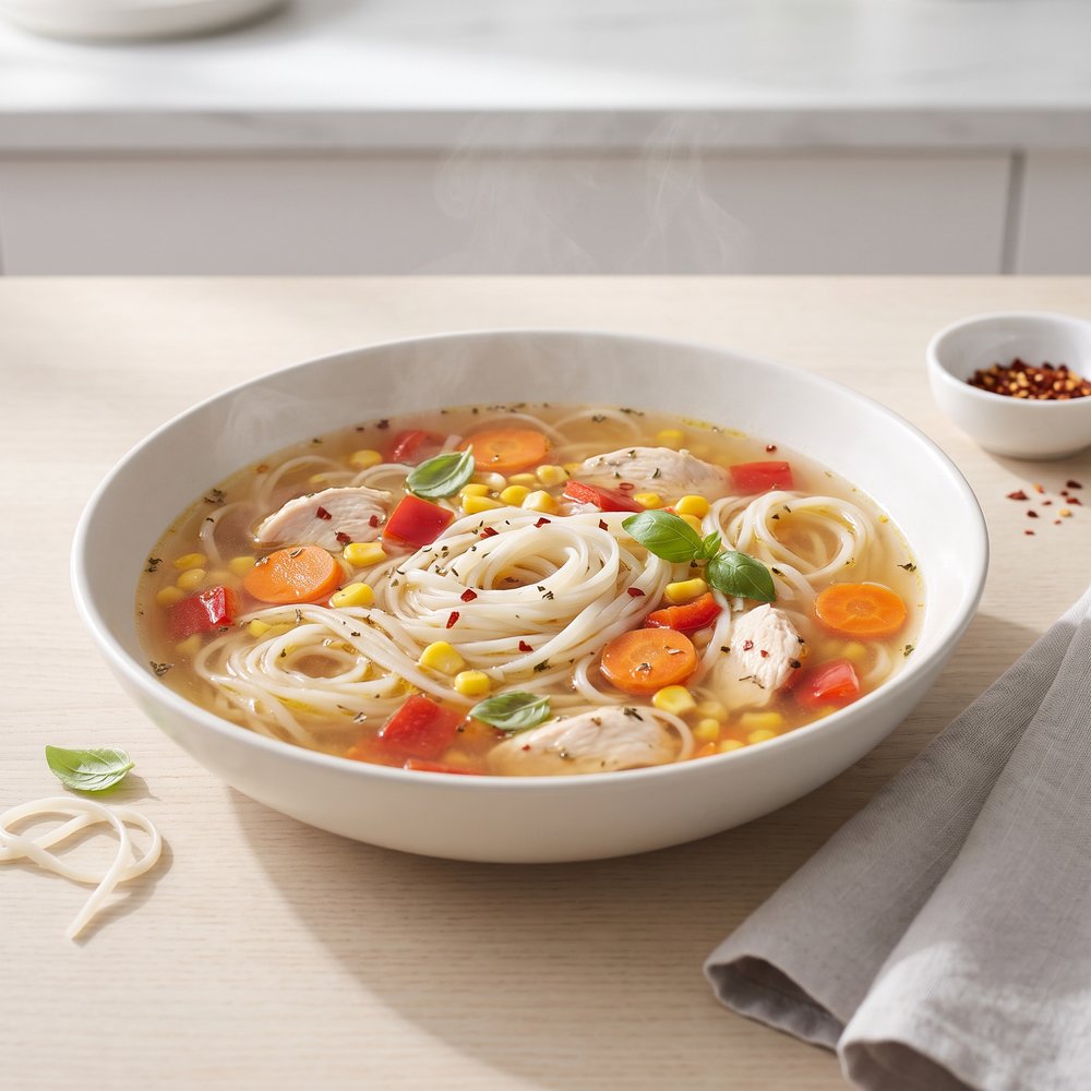 Fiery Chicken Rice Noodle Soup