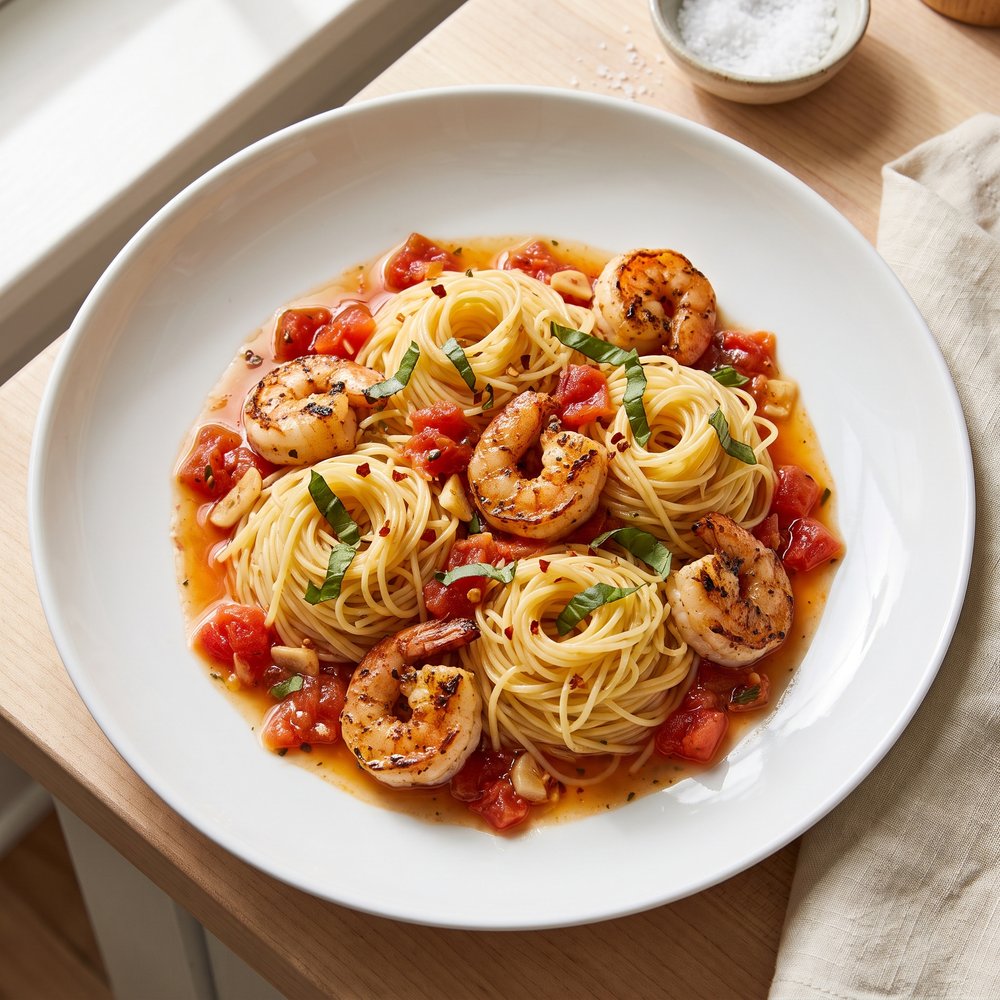 Grilled Shrimp with Bright Tomato Sauce over Angel Hair