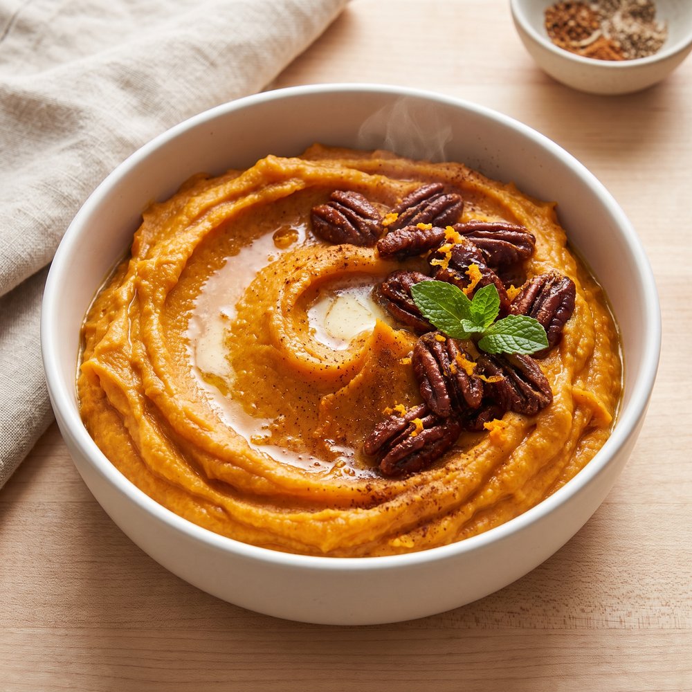 Crockpot Mashed Sweet Potatoes with Chili-Pecan Crunch